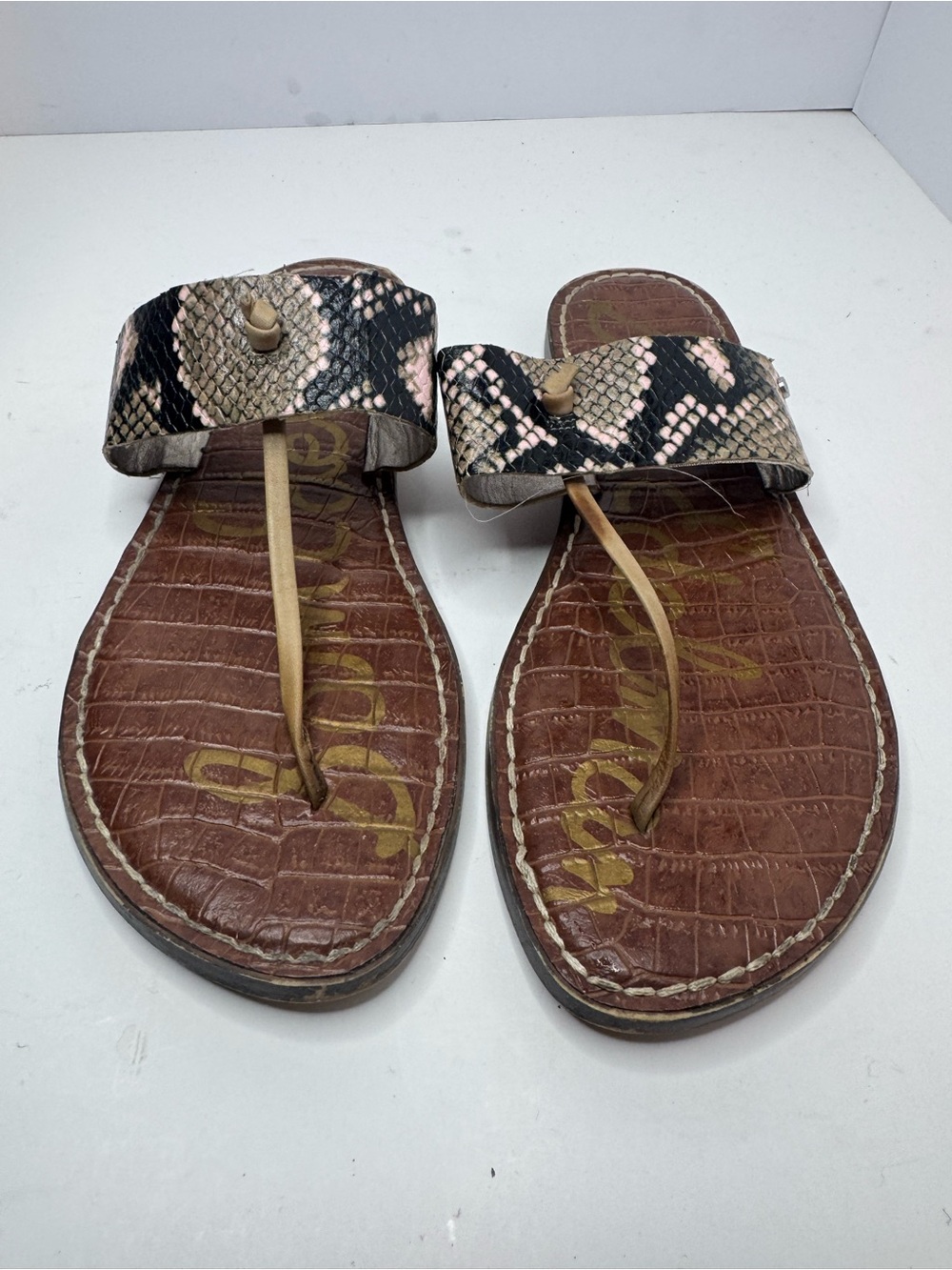 Sam Edelman Snake-Print Brown Leather Toe-Post Sandals - Women Size 7M